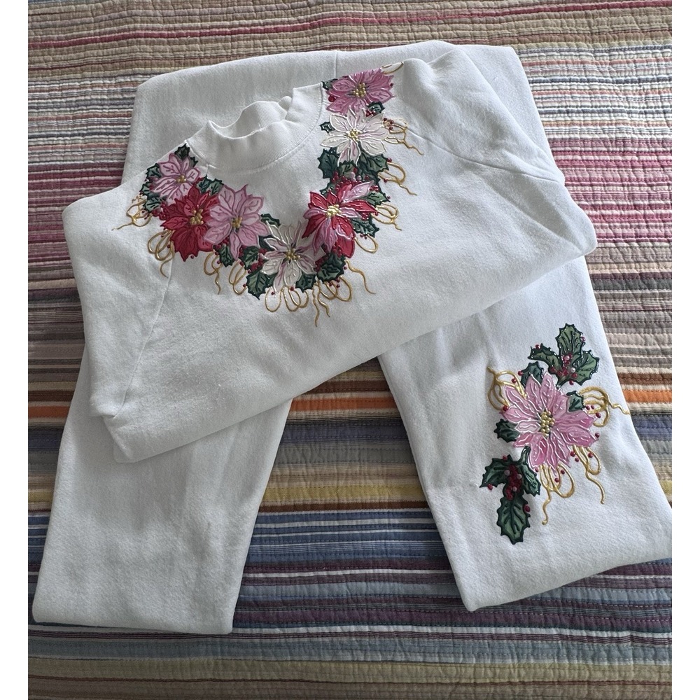 VTG Retro 80s Christmas Poinsettia Women's Sweatsuit Puffy Paints Handmade - Picture 1 of 16